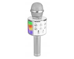 MAX KM15S Karaoke mikrofon s reproduktorem, LED, BT a MP3, stříbrný